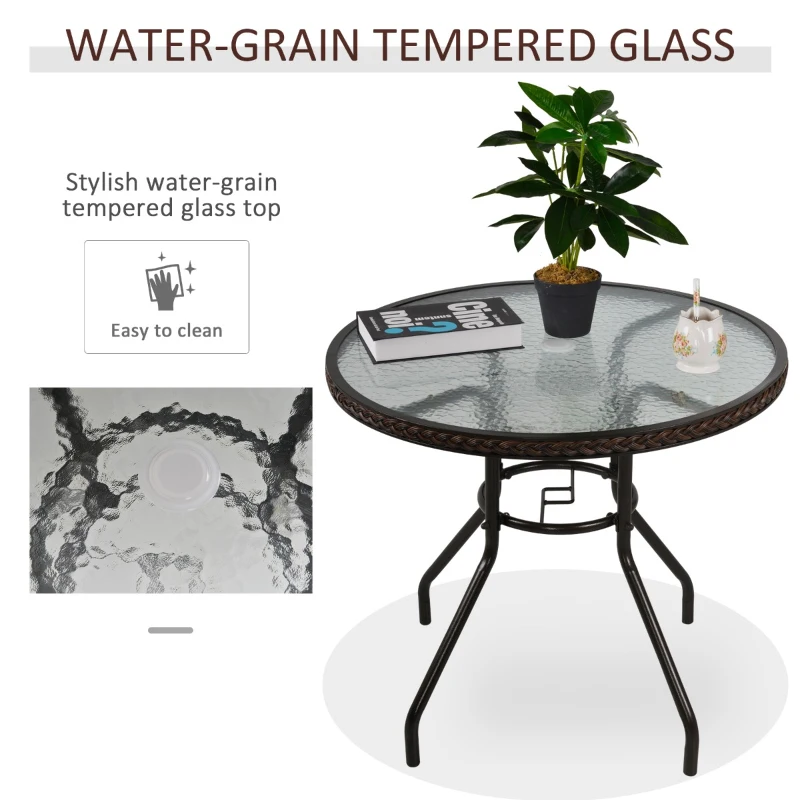 Outsunny Patio Rattan Round Table All Weather Outdoor Dining Wicker Table w/ Umbrella Hole for Garden Balcony Poolside Glass Top Brown