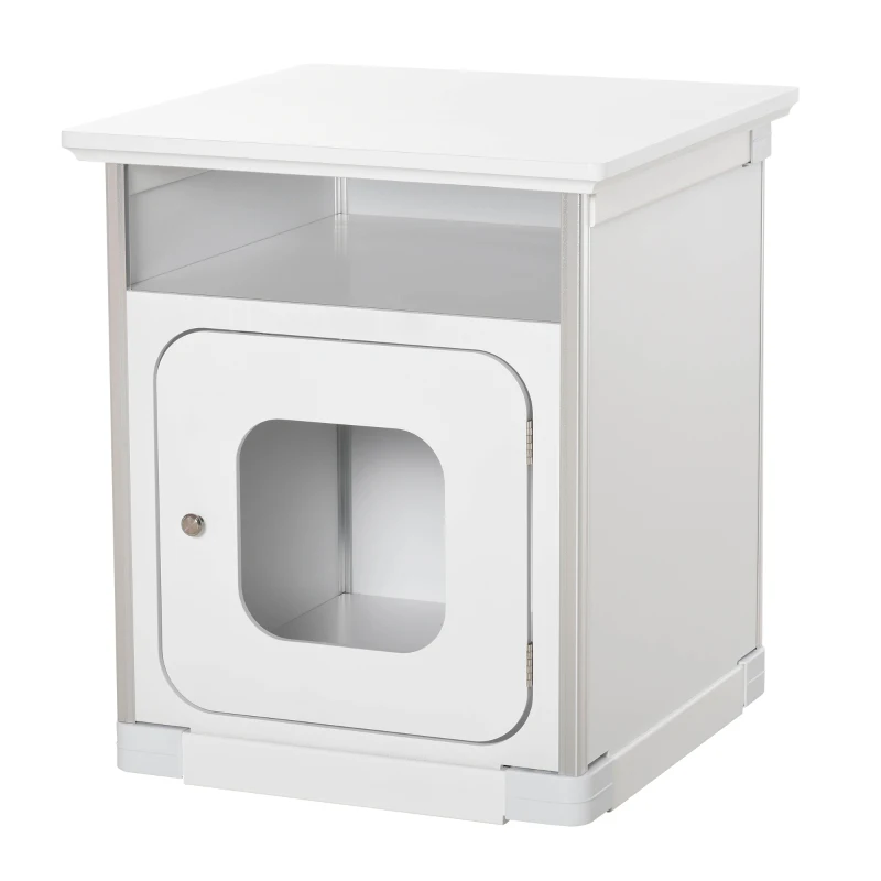 PawHut Wooden Cat Litter Box Enclosure Washroom Cave House Decorative End Table Cabinet Indoor with Magnetic Door White
