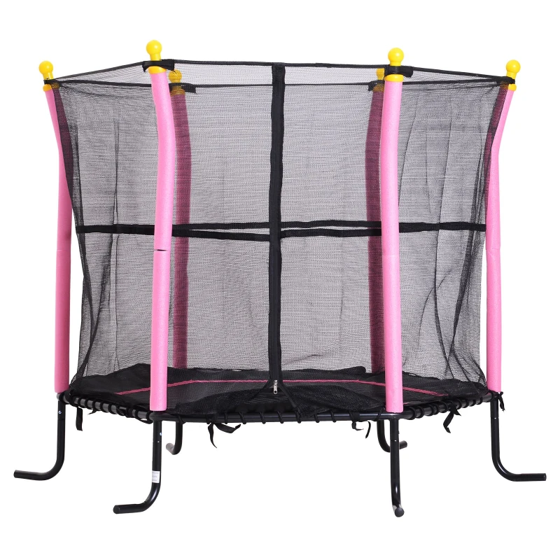 HOMCOM 5FT / 61 Inch Kids Mini Trampoline Exercise Rebounder with Safety Enclosure Net Bungee Design  Six Legs Capacity to 60kg Pink
