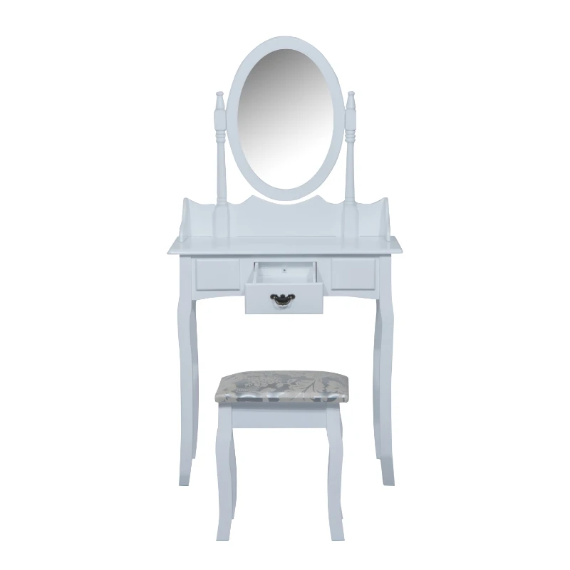 HOMCOM Wooden Dressing Table Vanity Set Makeup Shabby Chic Vintage Style Jewelry Cosmetic Storage Drawer Padded Seat w/Mirror & Stool (White)