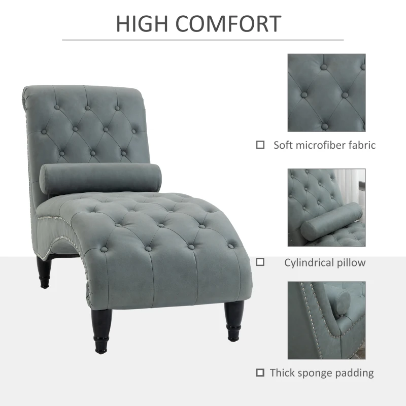 HOMCOM Tufted Chaise Longue Modern Recliner Upholstered Leisure Sofa Chair with Pillow for Living Room, Bedroom