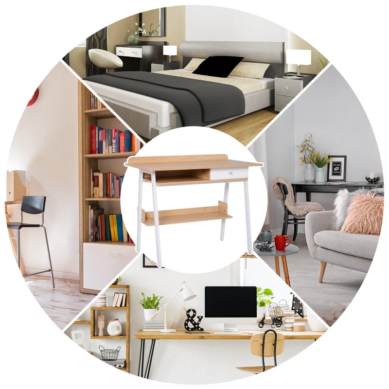 HOMCOM Metal Frame Computer Desk Office Workstation  w/Drawer Shelf White