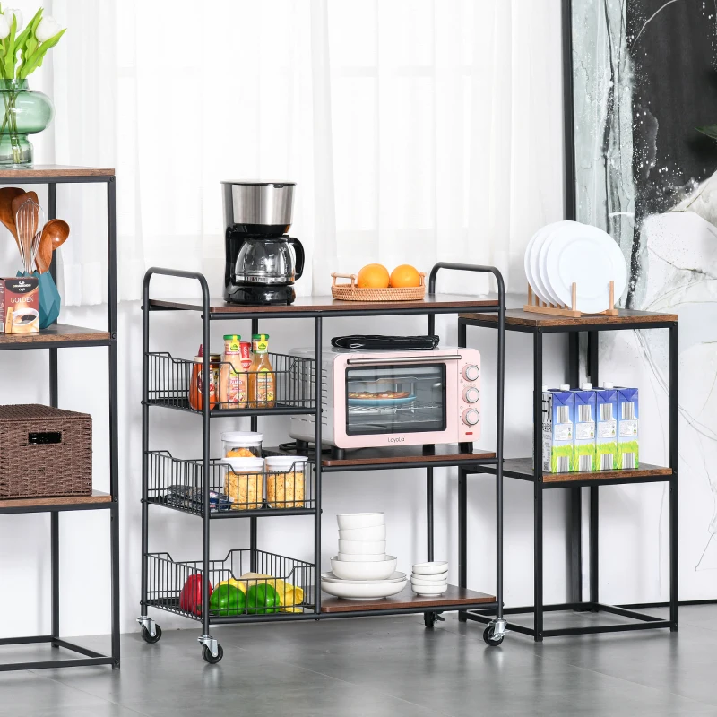 HOMCOM kichen Cart Storage Trolley Dining Serving Cart w/ Shelves Baskets Handles Wheels Home Living Room Kitchen Brown Black