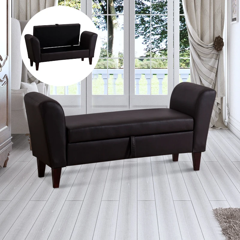 HOMCOM Storage Sofa Bench Armed Bed Foot Stool Ottoman Footrest PU Leather Brown