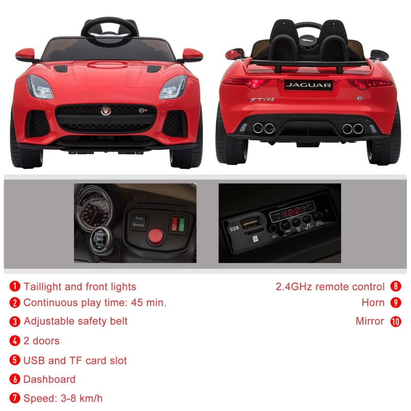 HOMCOM Compatible for 6V Rechargeable Battery Ride On Car Forward Reverse Lights Horn Music Player Red w/ Seat Belt Jaguar F-type SVR