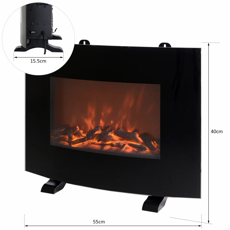 HOMCOM Tempered Glass Casing Electric Heater Freestanding Wall-Mountable Fireplace LED Flame Effect w/ Timer Remote 750w