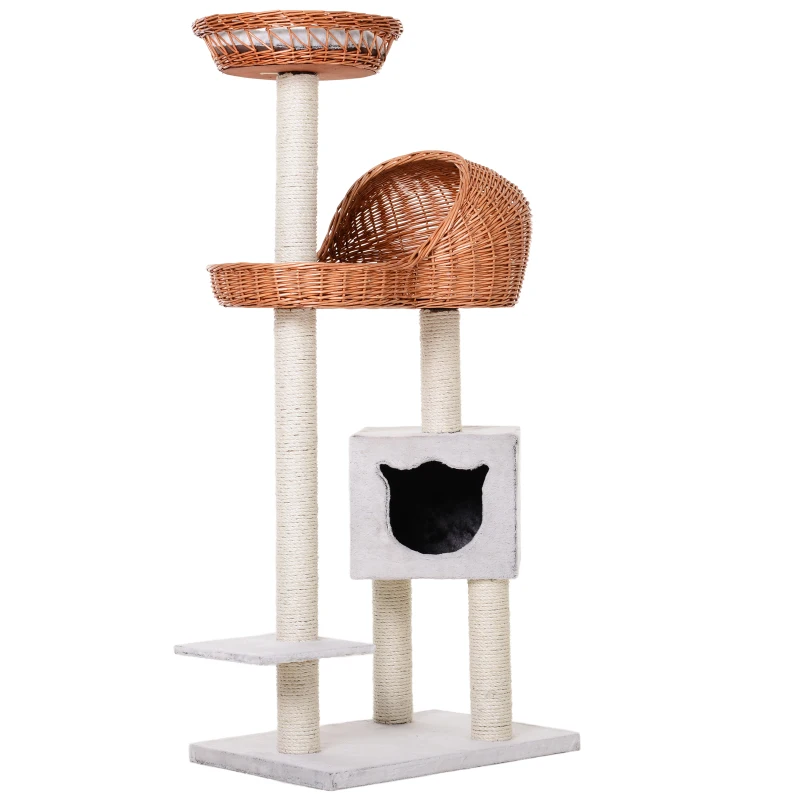 Pawhut 1.3m Cat Tree for Indoor Cats Condo Tower Scratching Post Climber Hooded Rattan Wicker cat cave