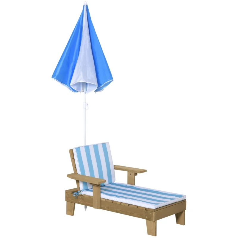 Outsunny Wooden Kids Sun Lounger with Foldable Adjustable Parasol Cushion Outdoor Patio Garden Furniture Blue 90 x 59 x 53cm