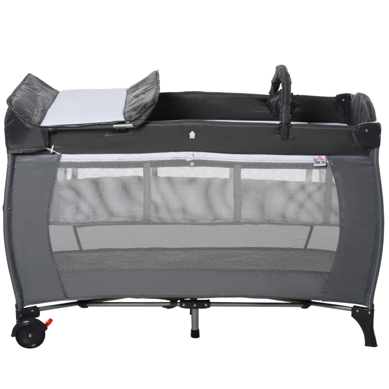 HOMCOM Portable Baby Infant Travel Cot Bassinet and Changing Top Metal Frame Mesh Panel Storage Pocket Locking Wheels 0-3 Yrs Grey