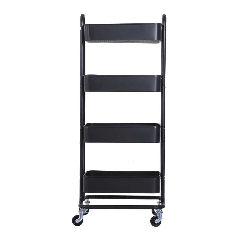 HOMCOM Metal 4-Tier Mobile Storage Serving Trolly Rolling Utility Cart Organiser Kitchen Mesh Bottom Black