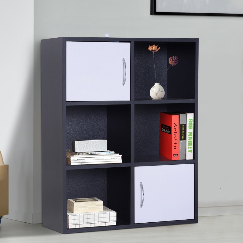 HOMCOM 61.5Lx29.5Wx80H cm, 6 Cubes Bookcase W/ Doors-White/Black