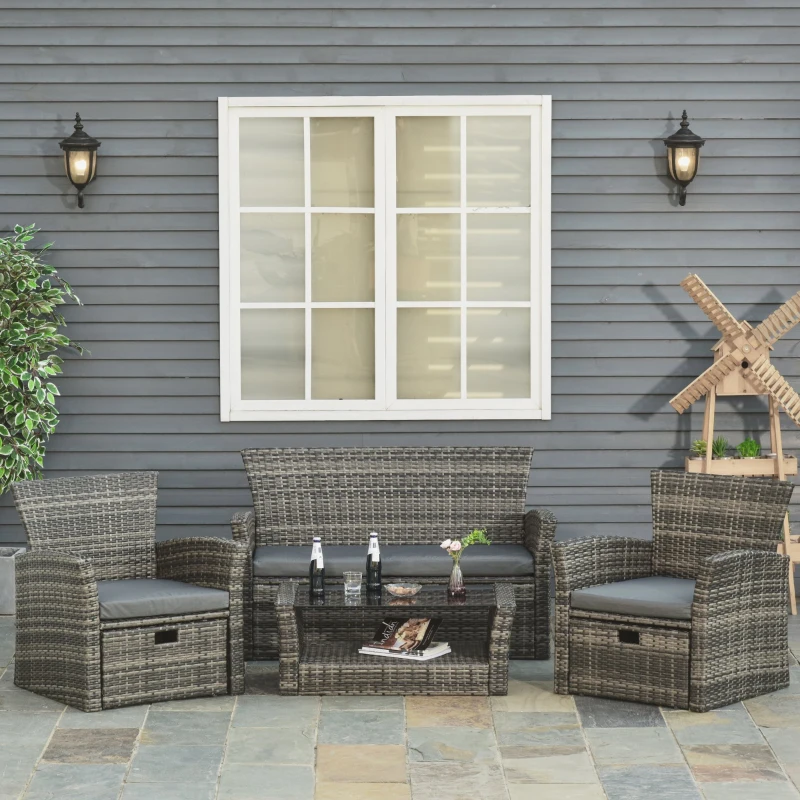 Outsunny 6 PCS Outdoor Patio Furniture Sets All Weather PE Rattan Chair Set Indoor Outdoor Backyard Garden Coffee Table w/ Two Ottoman & Cushions Grey