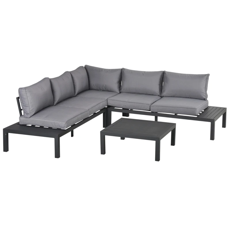 Outsunny 4 Pieces L-shape Aluminium Garden Corner Sofa Set with Padded Cushions Outdoor Furniture with Coffee Table for Patio Backyard Grey