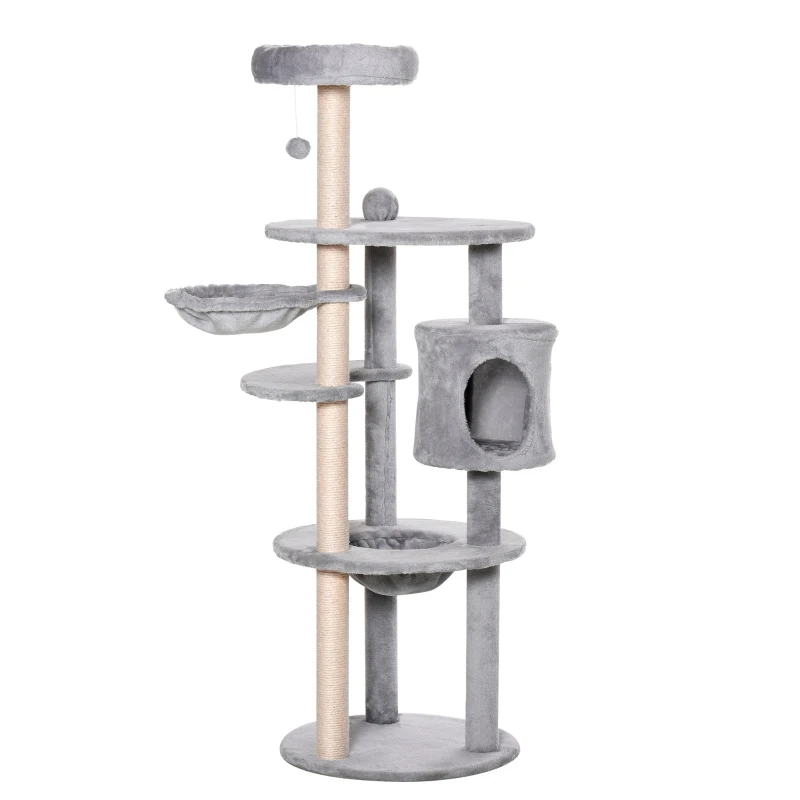 PawHut Cat tree Tower for Indoor Cats 158cm Climbing Kitten Activity Centre with Sisal Scratching Post Perch Hanging Ball Hammock Condo Toy Light Grey