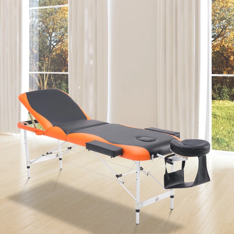 HOMCOM Folding PVC Leather Massage Table Aluminium Frame w/ Headrest Armrests Padding Handle Carry Bag Adjustable Height 3-Way Tri-Fold Salon Professional Bed Beauty Black Orange