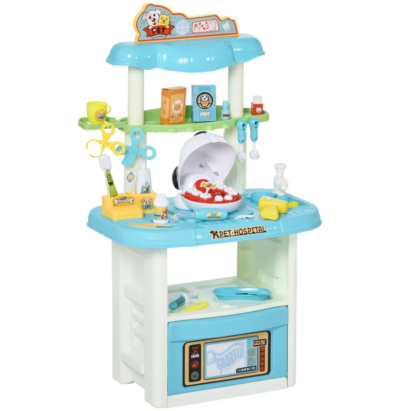 HOMCOM 43 Pcs Kids Children Vet Dentist Hospital Playset w/ Lights Water Tap Plastic Teeth Accessories Medical Toy Centre Pet Doctor Kit