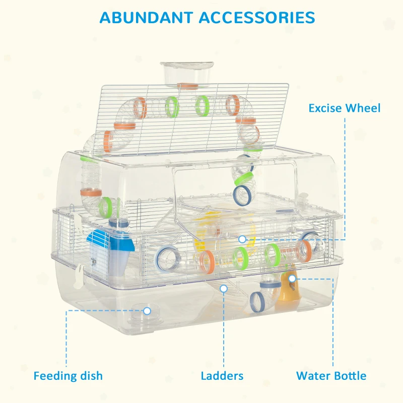PawHut 3 Tier Hamster Cage Gerbil Haven Small Animal Habitats Rodent House Large Hide-out for Dwarf Syrian Mice with Water Bottle, Tubes, Exercise Wheel, Food Dish, Ladder
