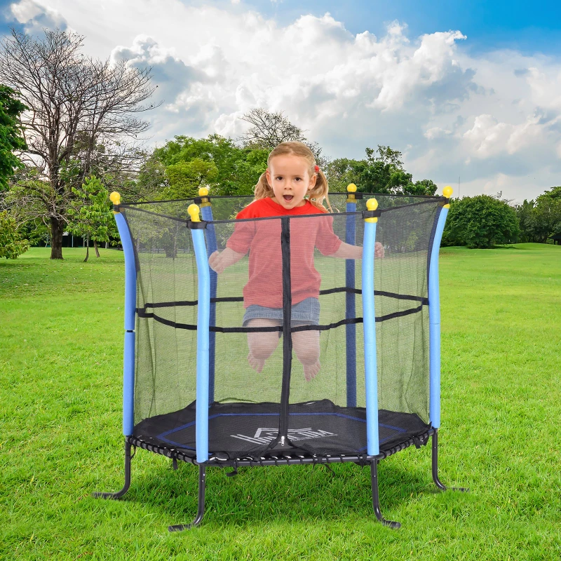 HOMCOM 5FT / 61 Inch Kids Mini Trampoline with Safety Enclosure Net Bungee Design Exercise Rebounder Six Legs Capacity to 60kg Blue