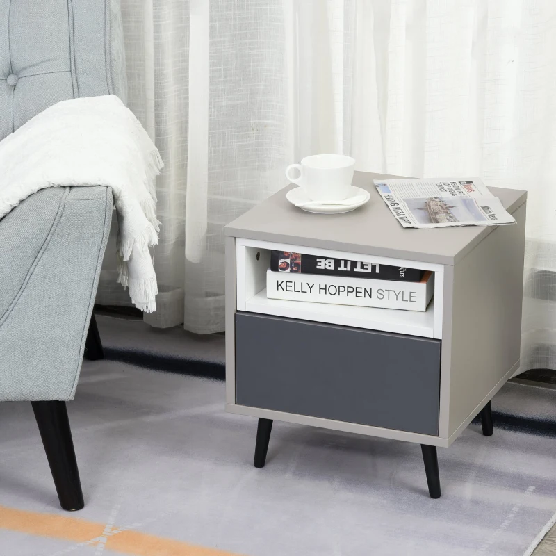 HOMCOM 2-Tier Bedside Table Storage Cabinet w/ Removable Shelf Metal Legs Drawer Versatile Storage Organiser Stand Study Bedroom Living Room