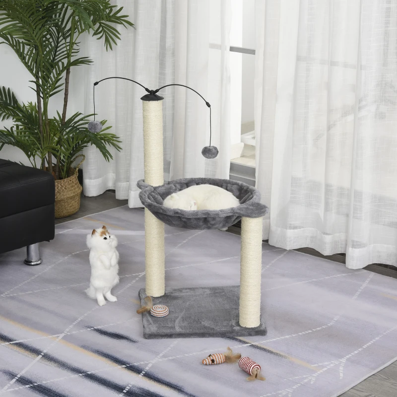 PawHut 83cm Cat Tree Tower for Indoor Cats with Sisal Scratching Post Hammock Cat Play House Dangling Ball Kitten Activity Center Furniture Grey