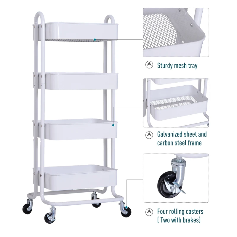 HOMCOM Metal 4-Tier Mobile Storage Serving Trolly Rolling Utility Cart Organiser Kitchen Mesh Bottom White