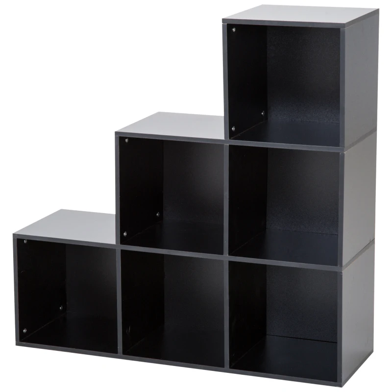 HOMCOM 3-tier Step 6 Cubes Storage Unit Particle Board Cabinet Bookcase Organiser Home Office Shelves Black