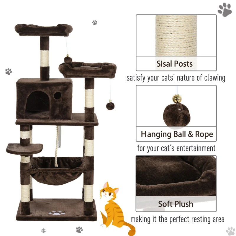 PawHut Cats 5-Tier Sisal Rope Leisure Tree w/ Dangle Toys Brown