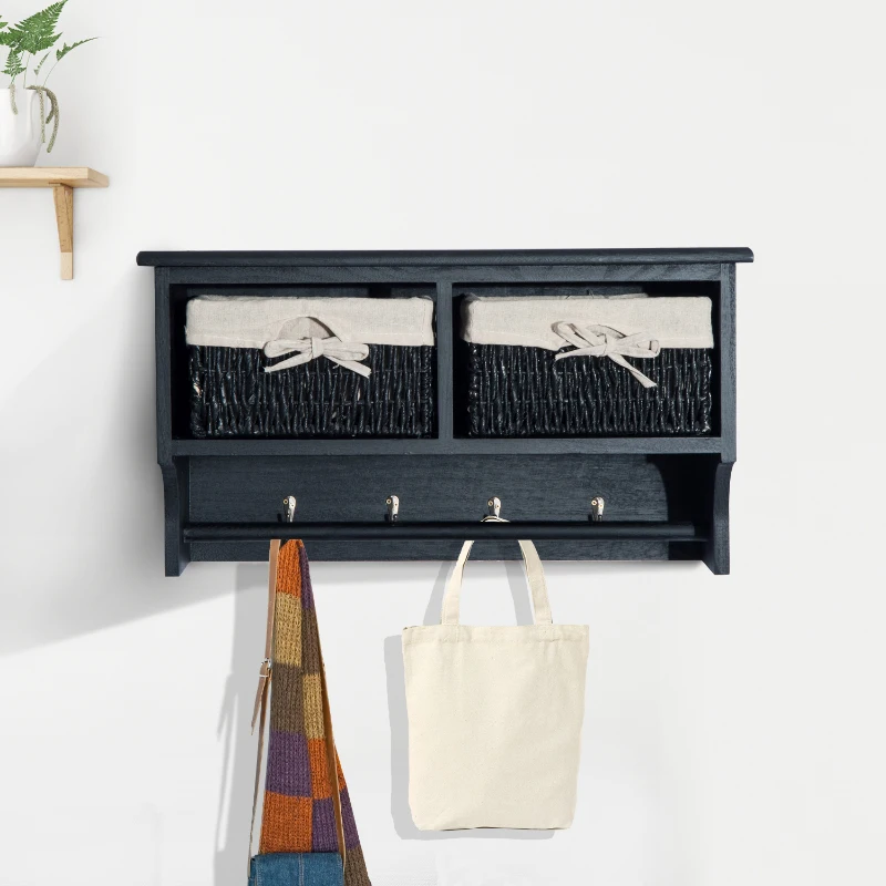 HOMCOM Wall Mounted Cabinet Hallway Storage Unit Shelf w/Wicker Basket Coat Hooks Black