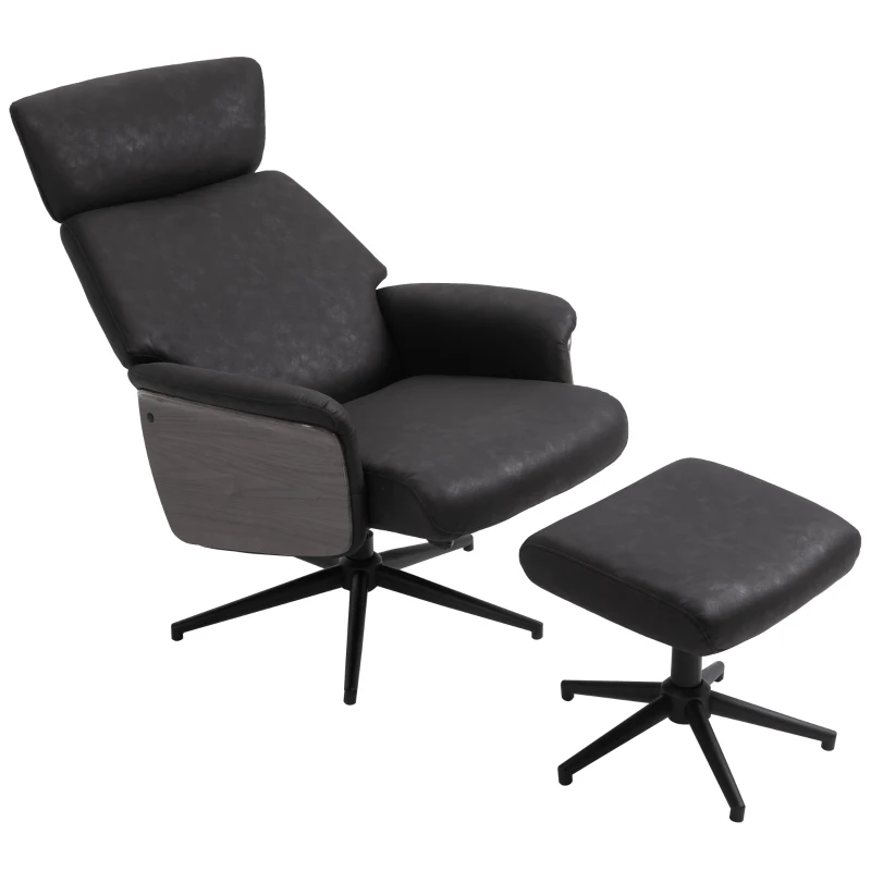 HOMCOM  Fabric Swivel Recliner Chair with footstool Metal Base Wood Armrest Black