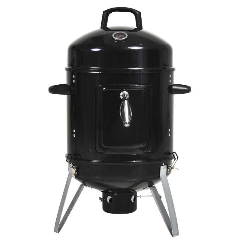 Outsunny Charcoal Smoker Grill 3 in 1 Design Round BBQ Roaster Barbecue with Built-in Thermostat, Water Pan and Hooks Camping Garden Patio Outdoor- Black