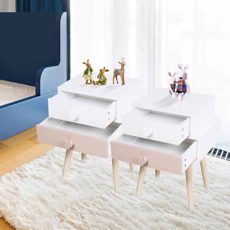 HOMCOM Children Bedside Table Set of 2 w/ Two Drawers Bedroom Kids Storage Cabinet Chest Pink & White 42 x 30 x 57 cm