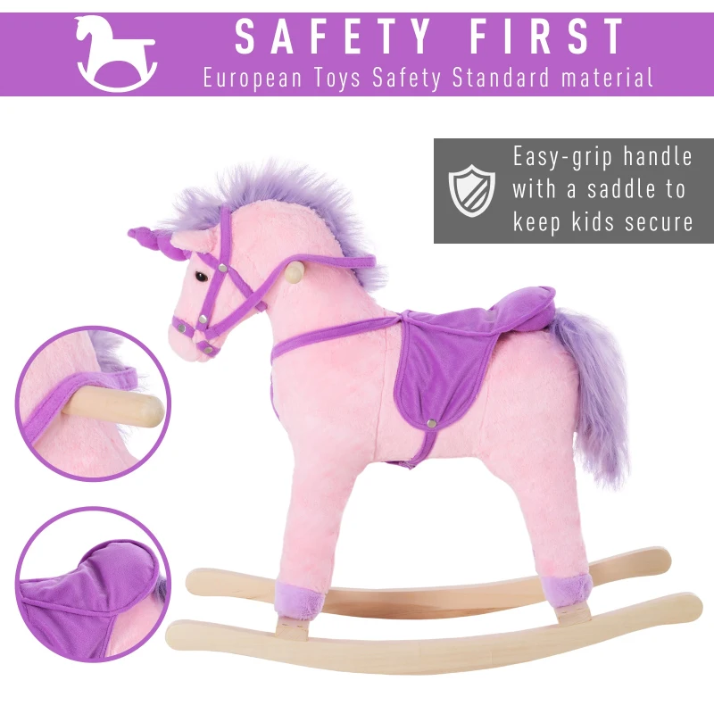 HOMCOM Kids Plush Rocking Horse Unicorn Neigh Button Wooden Base Ride On Toy Rocker with Handle Grip Traditional Toy Fun Gift for Age 3+