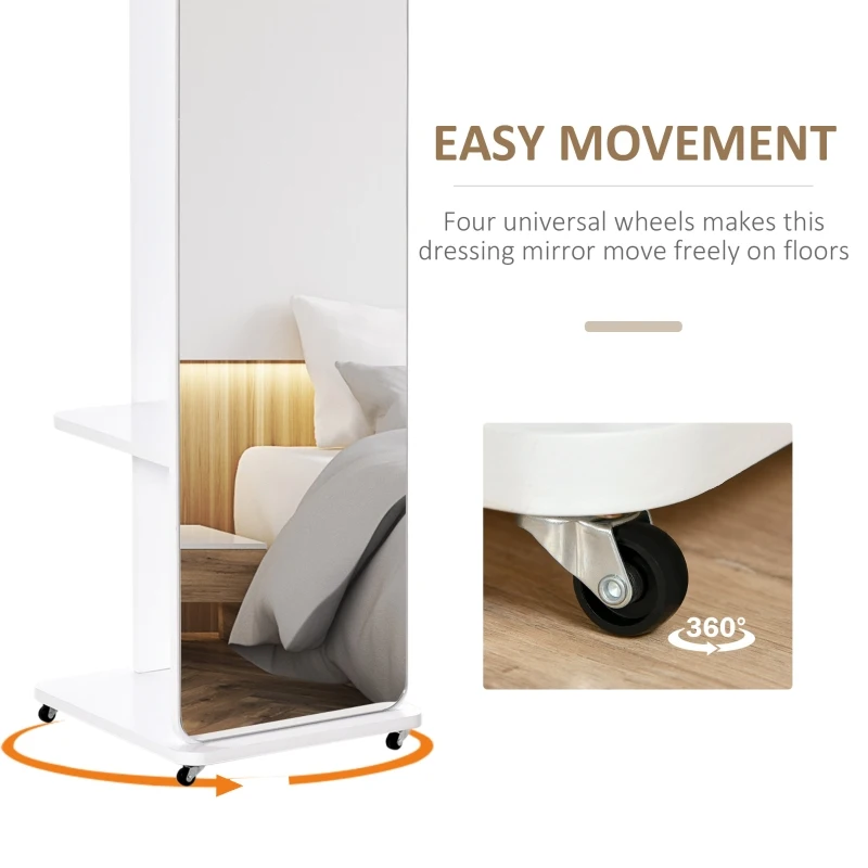 HOMCOM Full Length Dressing Mirror with Coat Rack, Mobile Floor Mirror with Hanging Cloth Bar, Rolling Wheels for Bedroom, Living Room, White