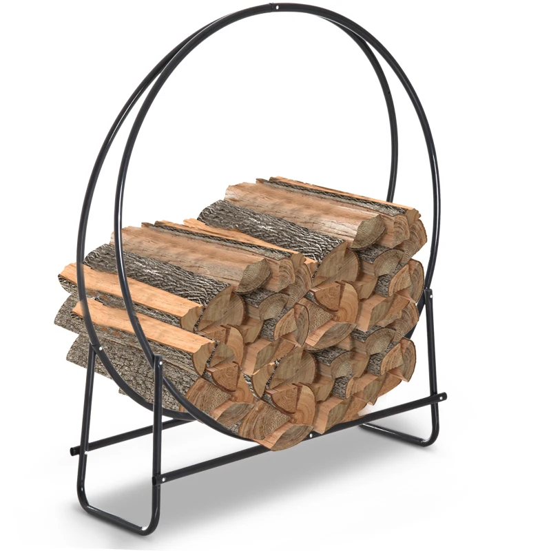 HOMCOM Metal Firewood Log Holder Round Firewood Rack Indoor Outdoor Fireplace Wood Storage Shelf, Black, 102L x 40W x 114H cm