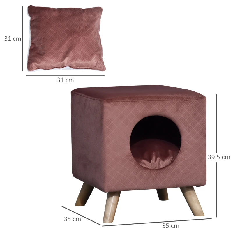 PawHut Elevated Cube Cat Condo Ottoman Bed Pet House Wood Frame Legs Cushion Cat Dog  Home Platform Hutch Brick Red
