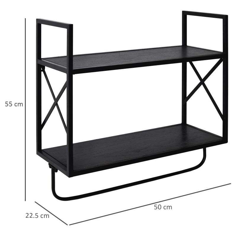 HOMCOM 2-Tier Wall Shelf Metal Frame Wood Shelves Bottom Rail Storage Rack Organisation Home Bedroom Kitchen Hallway Furniture 50x55cm Grey