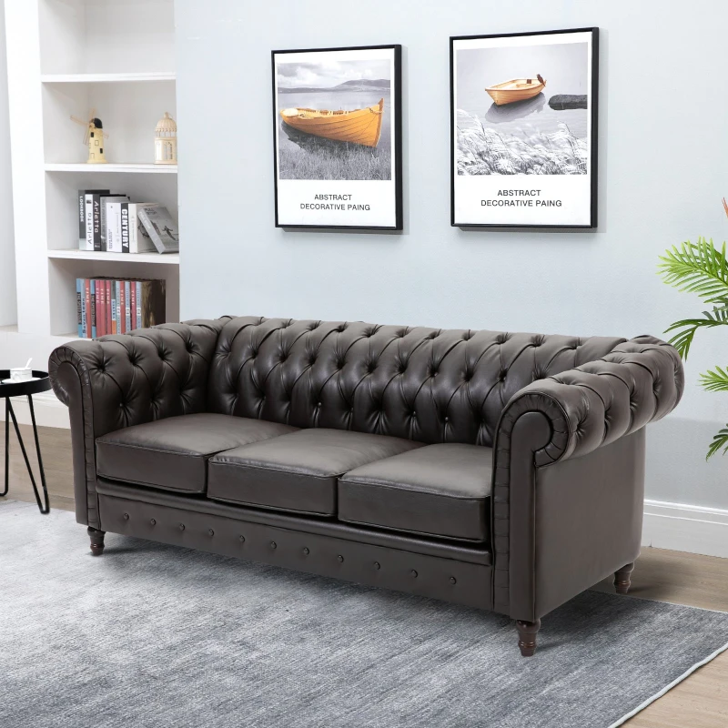 HOMCOM Tufted PU Leather 3-Seater Sofa on Solid Wood Legs Dark Brown