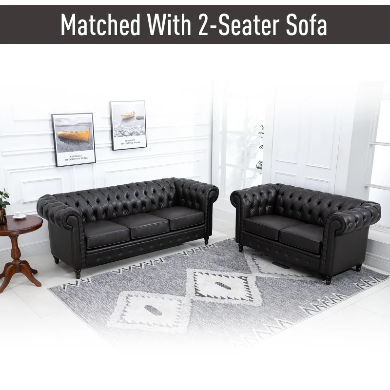 HOMCOM Tufted PU Leather 3-Seater Sofa on Solid Wood Legs Dark Brown