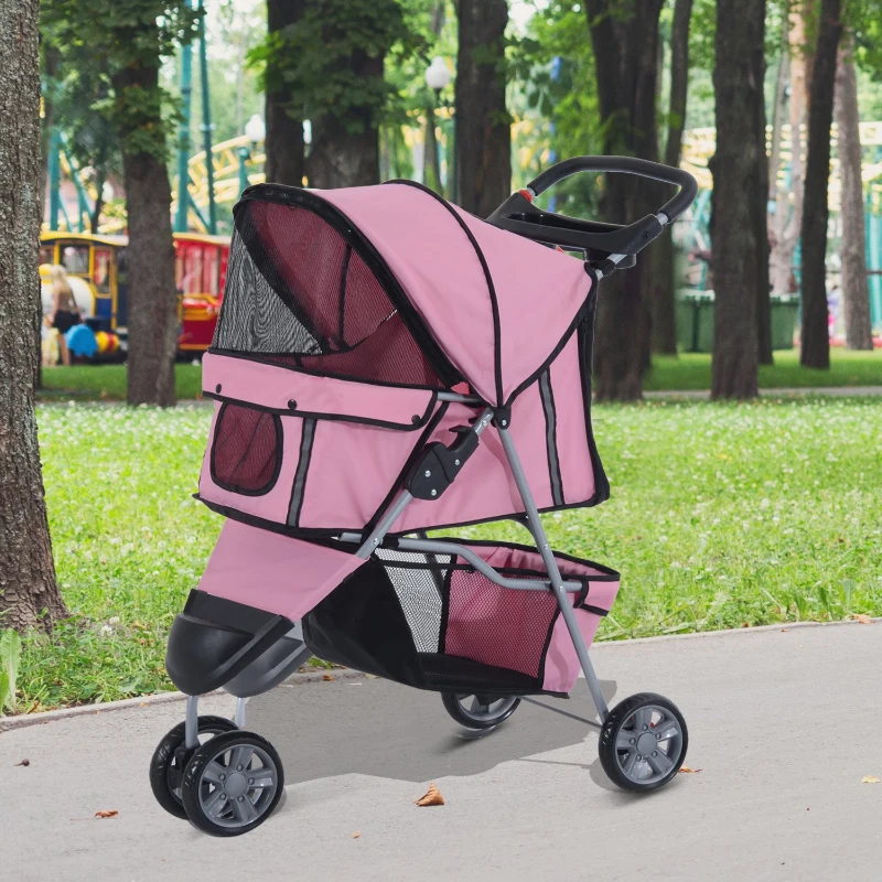 PawHut Dog Stroller, 3 Wheels Foldable Cat Dog Pram with Cup Holder, Storage Basket, Pet Stroller for Small Miniature Dogs, Pink