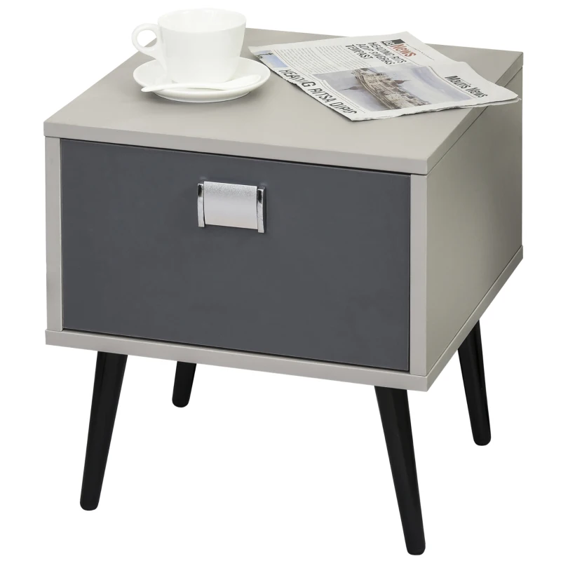 HOMCOM Retro Bedside Storage Table Stylish Nightstand Table w/ Drawer Metal Handle Legs Accent Bedroom Home Living Furniture Desk Grey