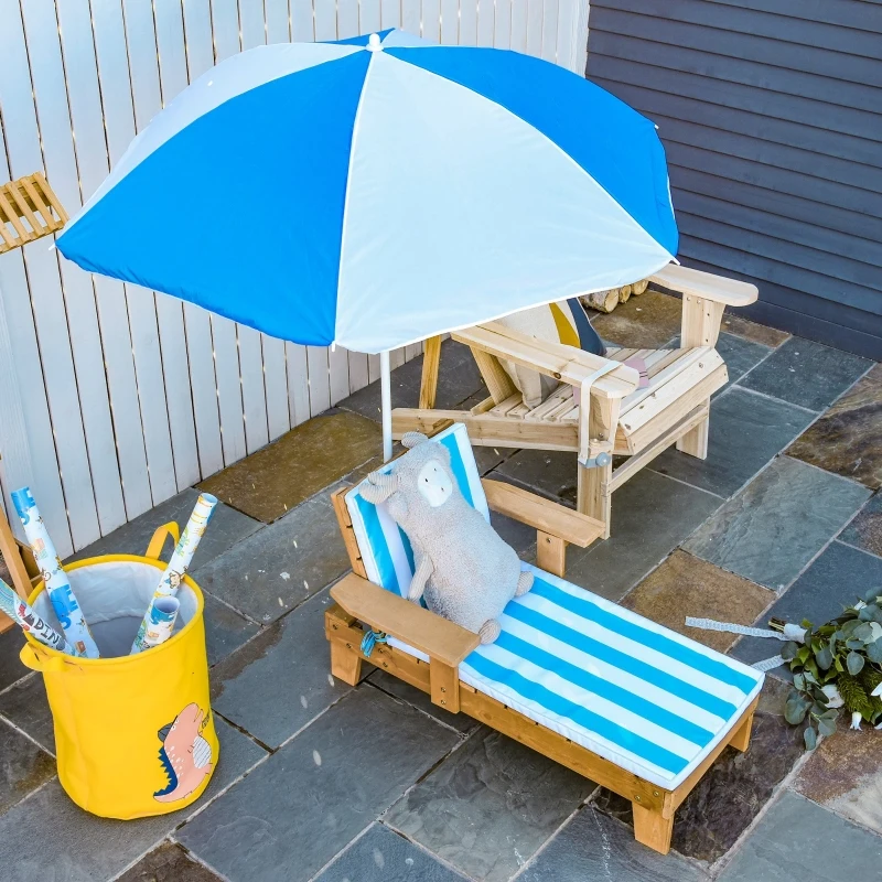 Outsunny Wooden Kids Sun Lounger with Foldable Adjustable Parasol Cushion Outdoor Patio Garden Furniture Blue 90 x 59 x 53cm