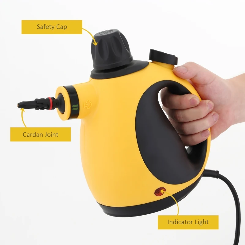 HOMCOM Handheld Steam Cleaner for Chemical Free Cleaning, Portable Multi-purpose Steamer with 9 Pieces Accessory for Kitchen, Bathroom, Window, Car Seat, Carpet, Sofa, 1050W, 350ML Tank, Yellow