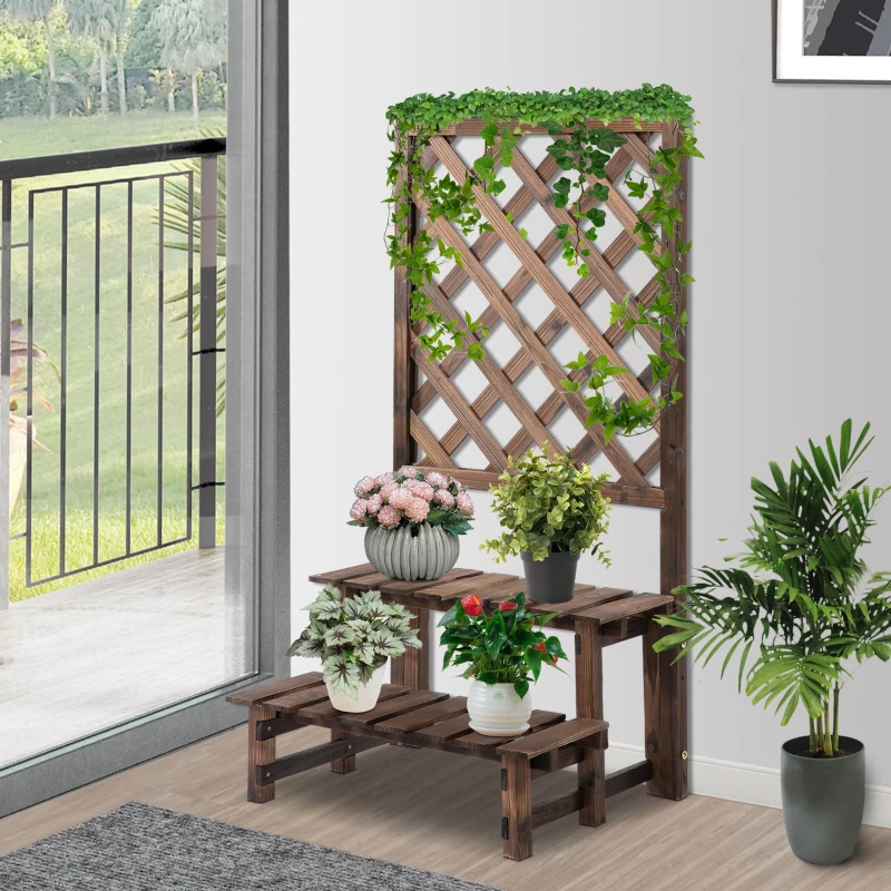 Outsunny 2 Tier Wooden Plant Stand with Trellis, Flowerpots and Vine Plants Indoor & Outdoor Display Rack Great Decoration Garden Patio Balcony Yard Corner 60 x 41.5 x 117 cm