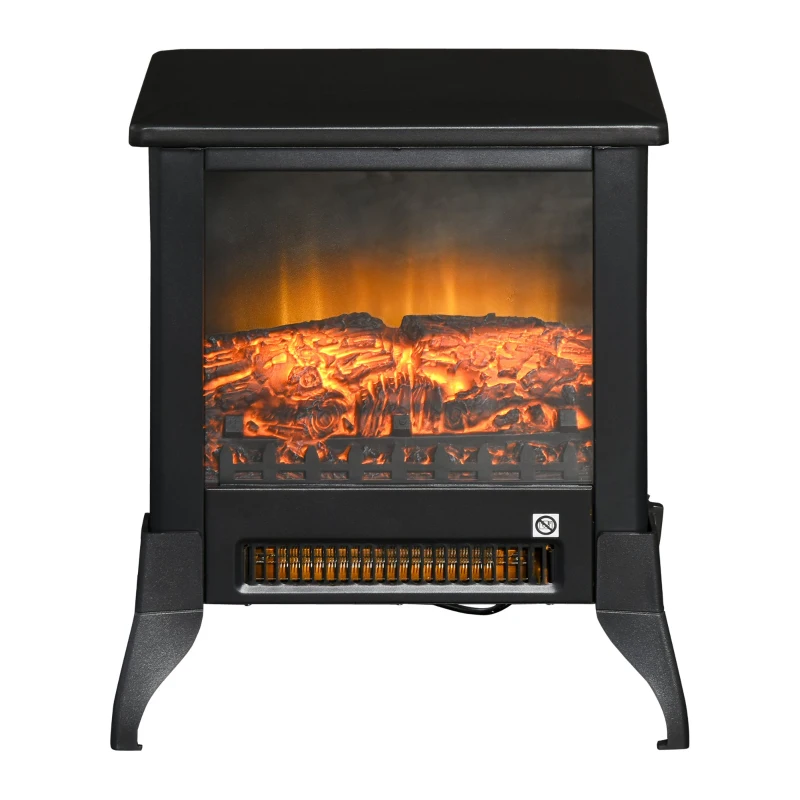 HOMCOM 1800W Freestanding Electric Fire w/ Faux Log Flame Adjustable Heat Thermal Stove Safe Overheating Protection Flame Black