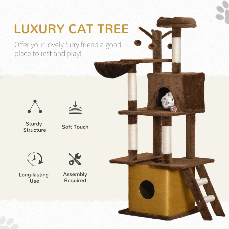 PawHut Cat Tree Tower for Indoor Cats 150cm Climbing Kitten Activity Center with Sisal Scratching Post Perch Hanging Ball Toy Hammock Ladder Double Condo Dark Brown