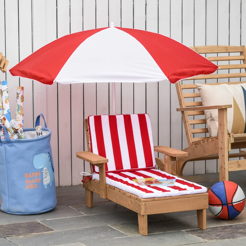 Outsunny Wooden Kids Sun Lounger with Foldable Adjustable Parasol Cushion Outdoor Patio Garden Furniture Red 90 x 59 x 53cm