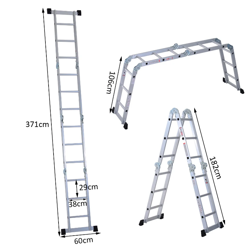 HOMCOM 3.7M 4-Section 12 Steps Multi-purpose Folding Aluminium Ladder