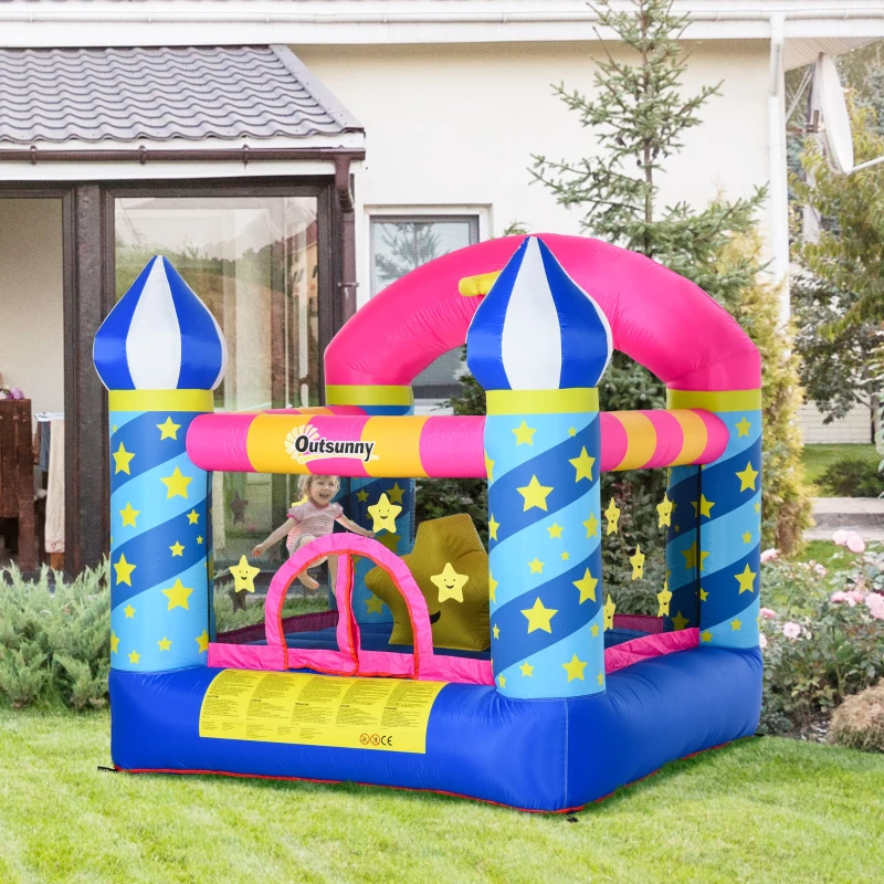 Outsunny Kids Bouncy Castle, Inflatable Trampoline with Blower for Age 3-8 Castle Stars Design 1.95 x 1.95 x 2.15m