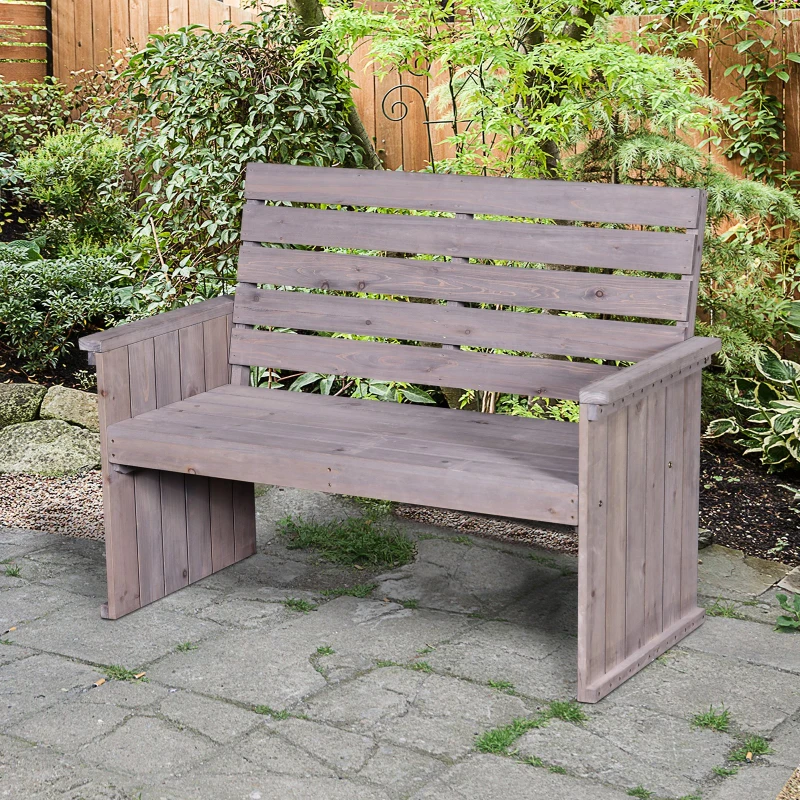 Outsunny 2-Seater Garden Double Bench Solid Fir Wood Outdoor Armrest Chair High Back Loveseat