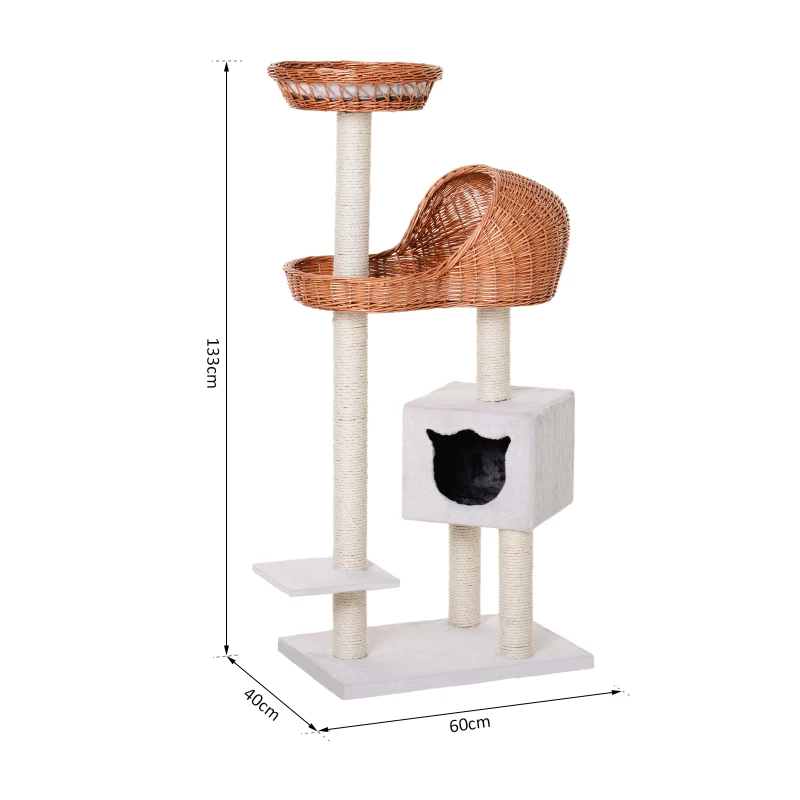 Pawhut 1.3m Cat Tree for Indoor Cats Condo Tower Scratching Post Climber Hooded Rattan Wicker cat cave